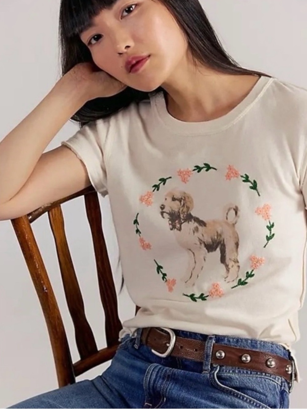 Free People Fur Friend Tee in Doodle Tea Embroidered Dog Doggie Size Large NWT